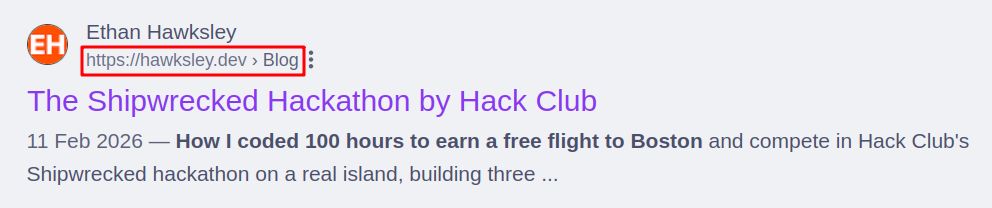 Google search results for The Shipwrecked Hackathon by Hack Club, with the breadcrumbs highlighted
